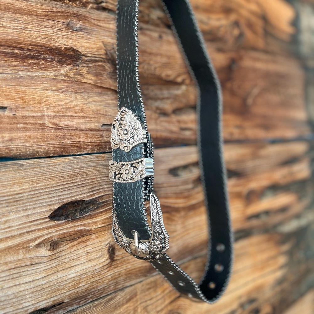 UNBRANDED | Black Faux Leather Western Belt with Ornate Silver Buckle M